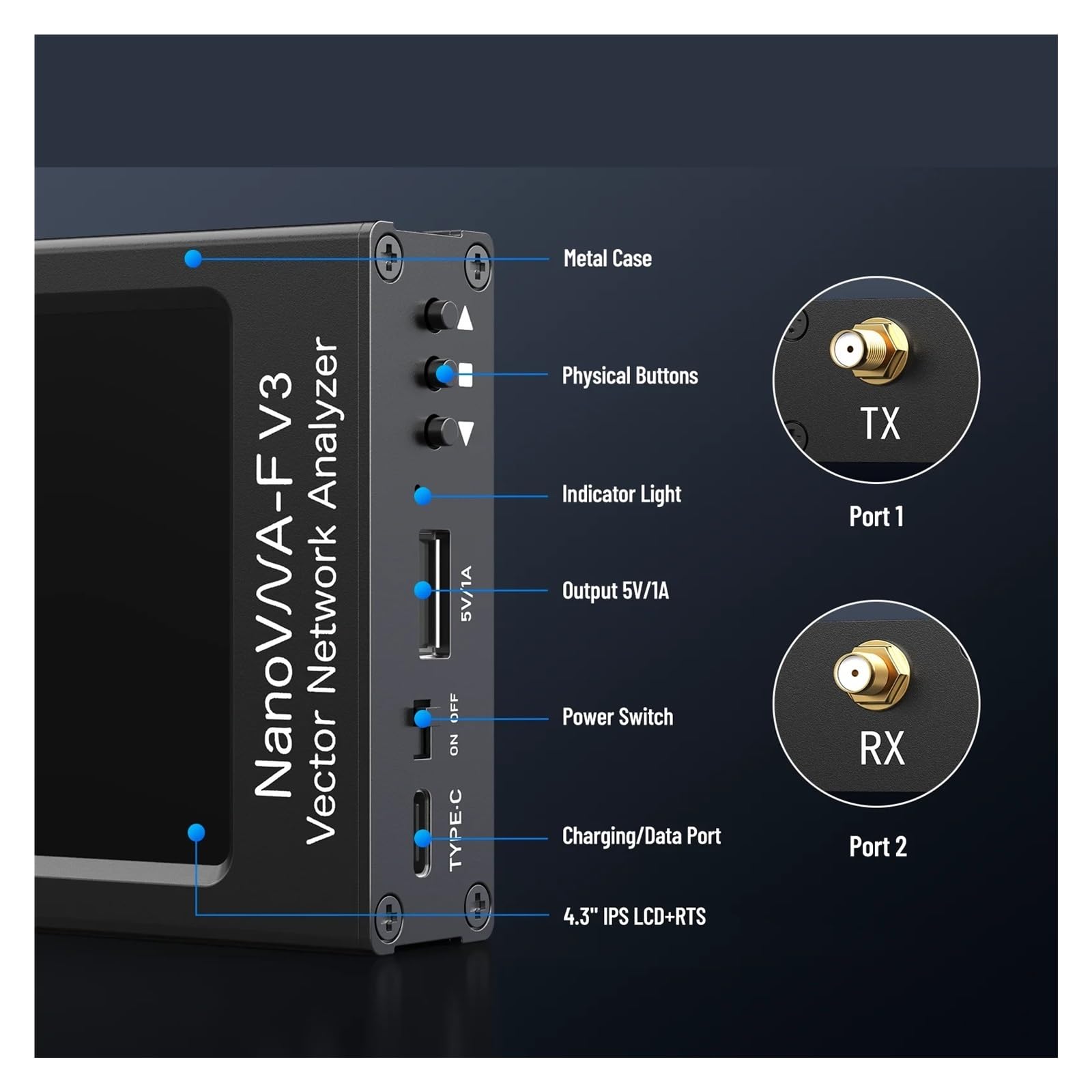 Analizator sieci 4,3-calowy wektorowy analizator sieci NanoVNA-F V2/V3 50 kHz-3 GHz/1 MHz-6 GHz HF VHF UHF VNA anten 801 punktów skanowania do diagnostyki kabli sieciowych(NanoVNA-F V2)