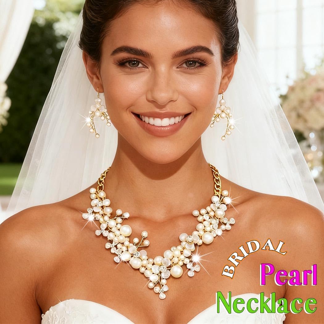 Sixexey Wedding Pearl Jewelry Sets Gold Pearl Necklace Earrings Bridal Rhinestone Prom Jewelry Accessories for Women - Image 5