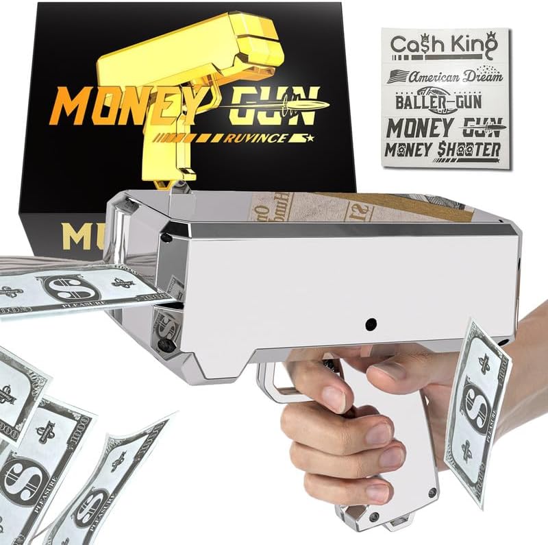 money gun shooter – ruvince money gun for movies that look real, prop gun make it rain, handheld cash gun for game movies party silver