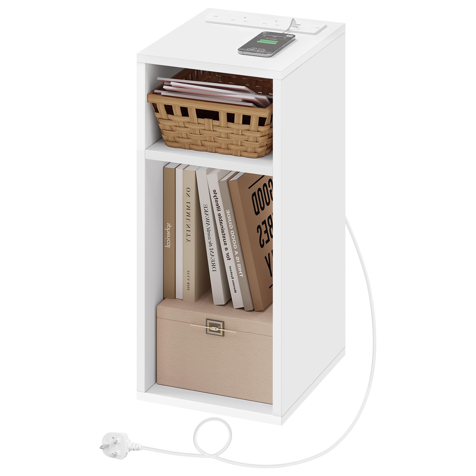 WOLTU Slim Bedside Table with Charging Station, Nightstand with 2 Sockets & 2 USB Ports, 2 Open Compartments, White Small Table for Bedroom Living Room, 25x30x60cm