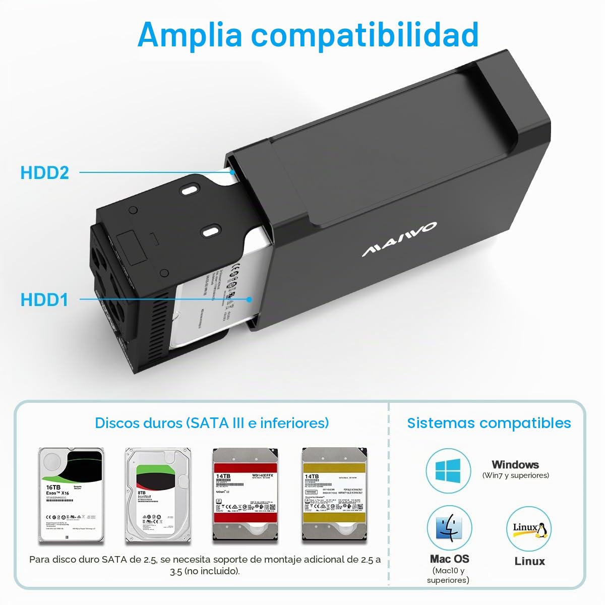 MAIWO Caja Raid de Doble bahía para Disco Duro SATA de 3.5 Pulgadas, Carcasa de Disco Duro de 2 bahías con Ventilador de refrigeración, 4 Modos Raid, USB 3.0 para expansión de 44 TB