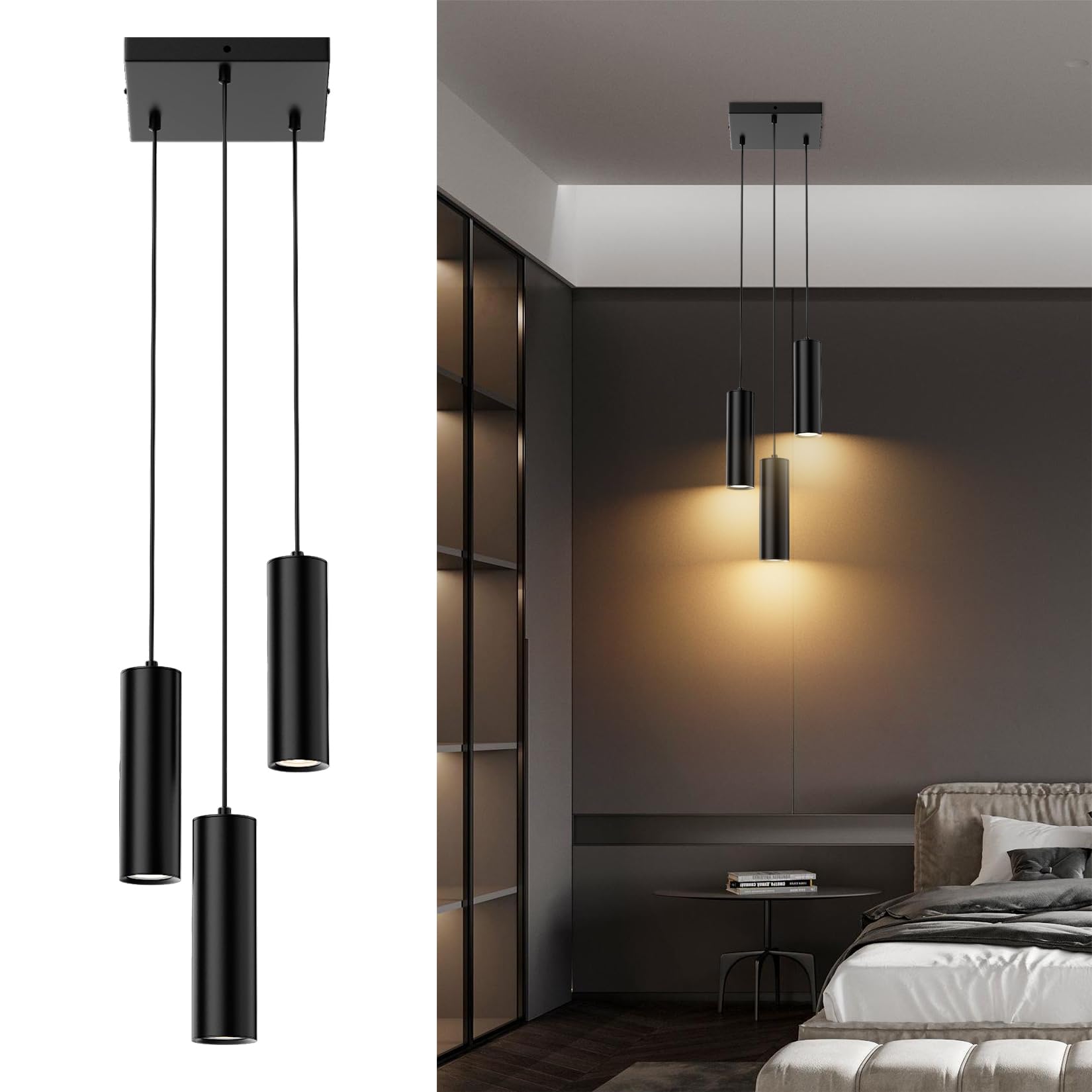 Klighten Suspension Luminaire Cylindre GU10, Lampe Suspension 3 Sopts Moderne pour Salon Chambre Cuisine Table à Manger, Hauteur Réglable, Noir, Ampoule non Incluse