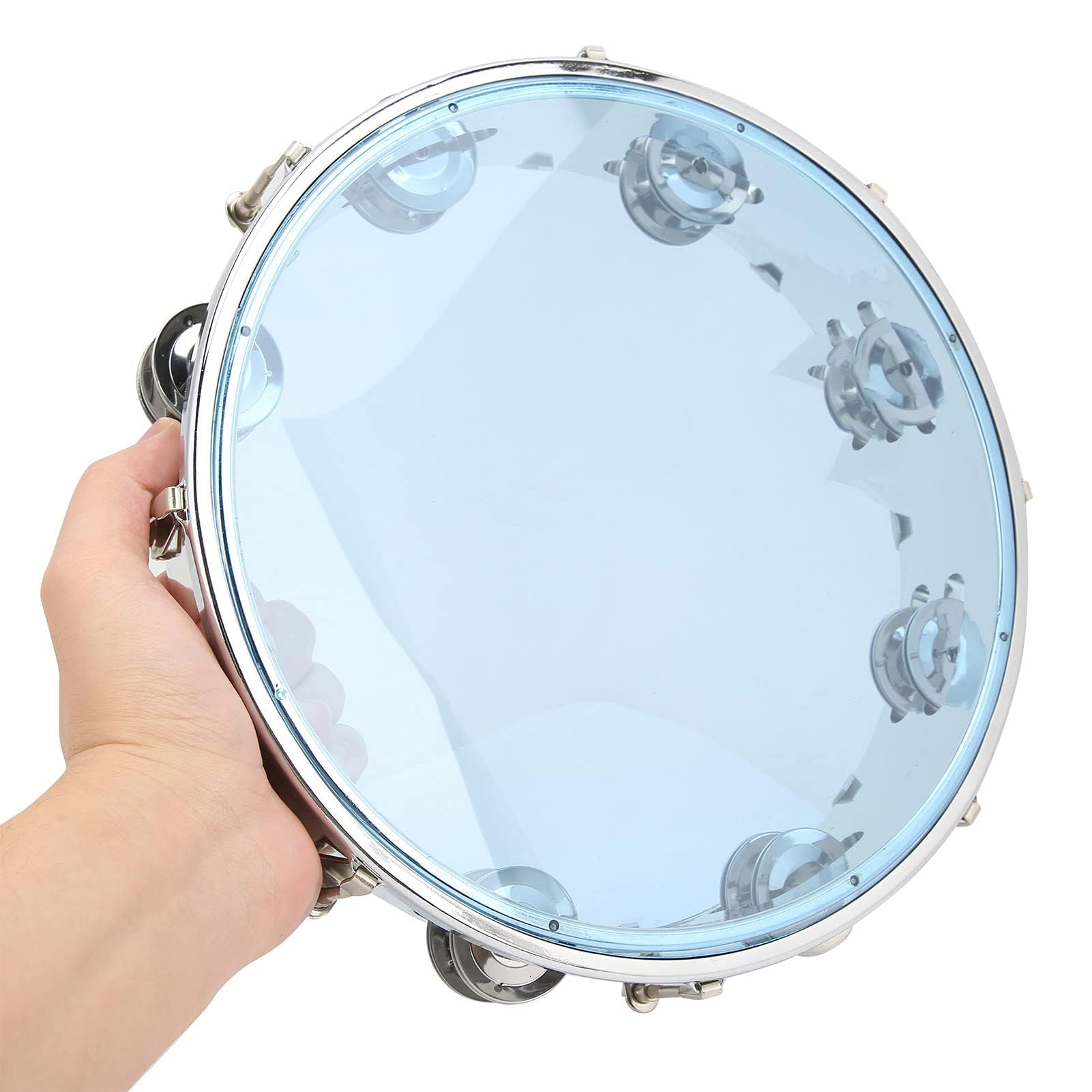 Tamburello per Adulti 10 Pollici Double Row Metal Jingles Strumento Musicale a Tamburo Educativo Tenuto in Mano per Giochi di Società(blu)