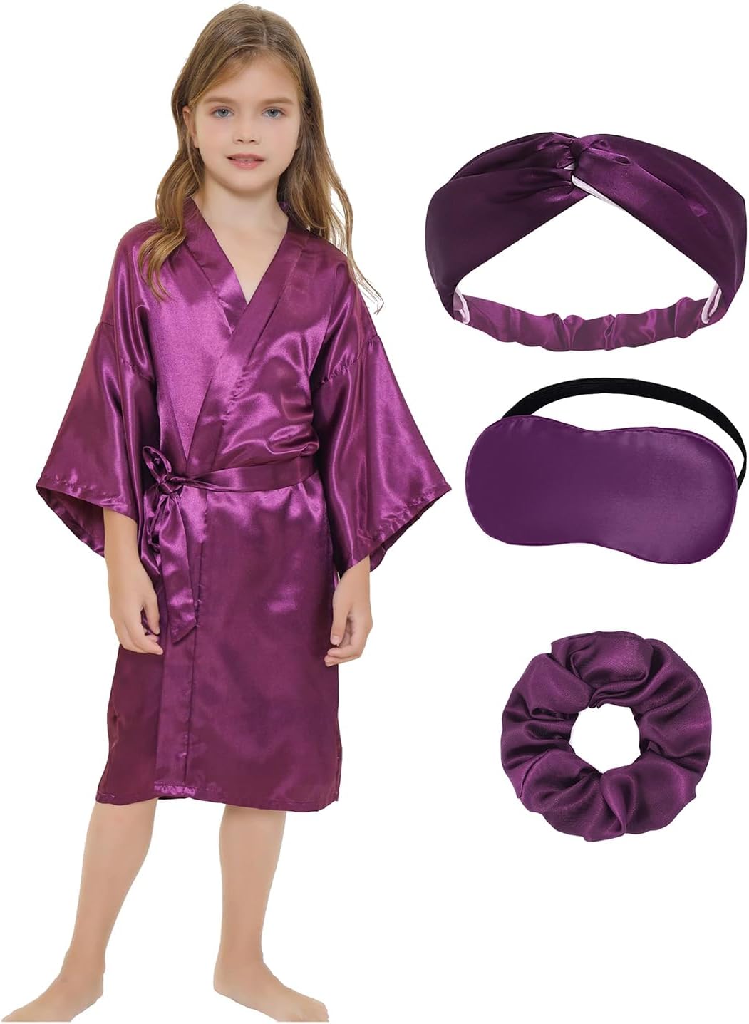 Girls Kids Silky Satin Robe Set for Spa Birthday Wedding Party Flower Girl Robe with Sleeping Mask Hair Band/Ring