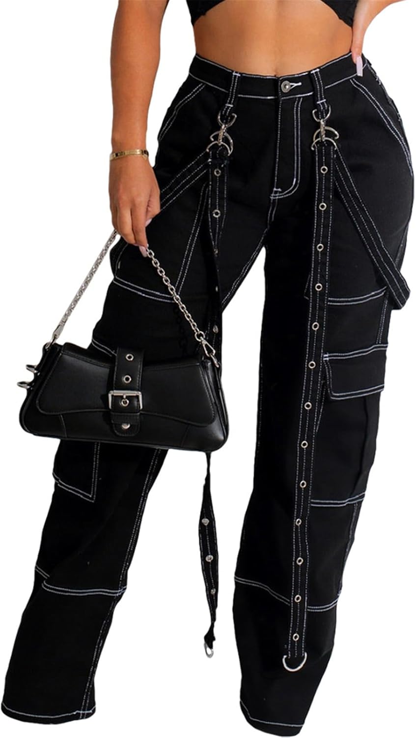 Qikaka Women's High Waist Bandage Pockets Bodycon Sexy Nightclub Party Denim Pants Jeans