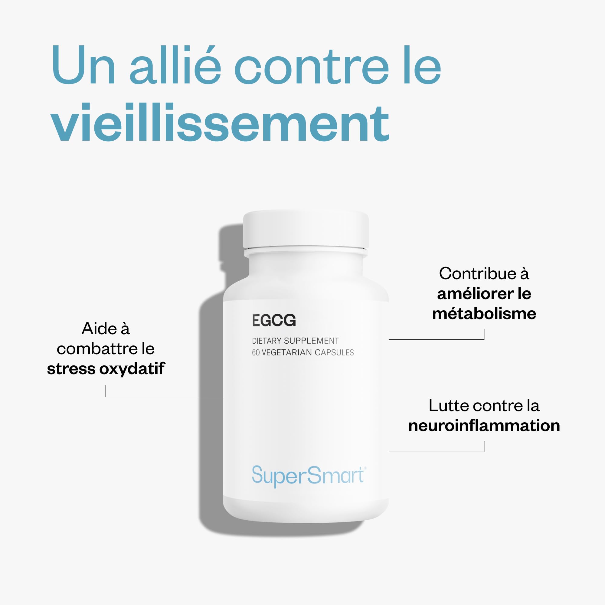 EGCG - Antioxydant - Améliore la Santé Cardiovasculaire - Aide à la Digestion - Extrait de Thé Vert Standardisé à 70% d’EGCg - Vegan - Sans Gluten - Supersmart