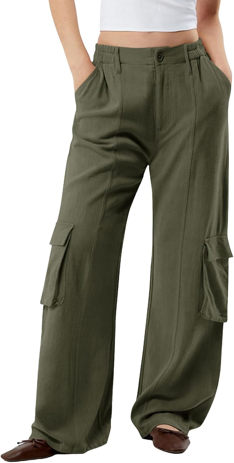 Dokotoo Women’s Wide Leg Pants 2024 Flowy Casual Trendy Pants Straight Leg High Waist Stretch Palazzo Pants with 4 Pockets