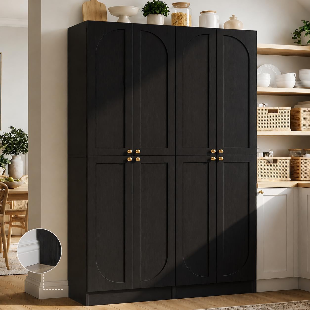 Cyclysio 80" Kitchen Pantry, Extra Tall Arch Storage Cabinet with 8 Soft Close Doors and Adjustable Shelves, Freestanding Wood Cupboard with Seamless Fit Wall for Dining Living Room Bathroom Furniture