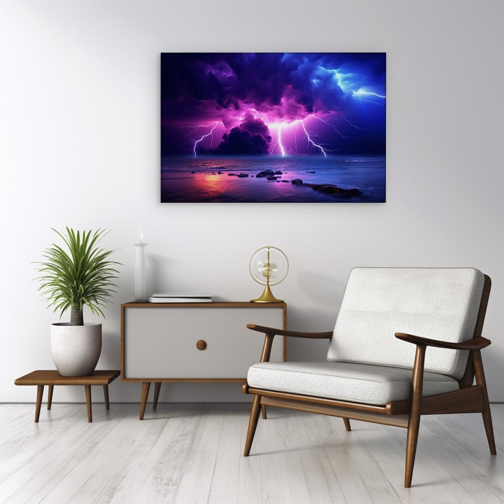 Canvas for Living room. Storm's Majesty: Lightning Strikes Illuminate a Turbulent Sea Nightscape, 27 x 18 inch Canvas Wall Art - Ready to Hang