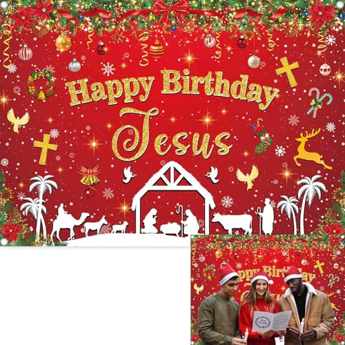 Happy Birthday Jesus Backdrop Red Christmas Jesus Birthday Photography Background Christian Xmas Christmas Nativity Party Decorations Banner Booth Props (8x6FT(2.4m x 1.8m))