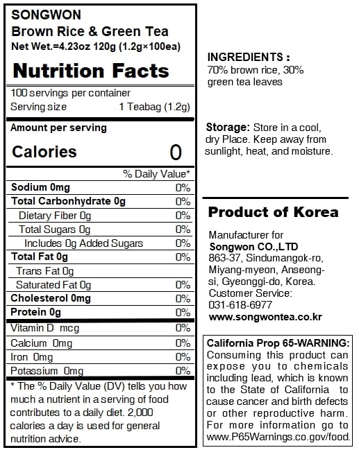Miniatura 3 de Songwon Bolsas de té verde de arroz integral, 100% ingredientes coreanos, mezcla de arroz integral tostado y té verde, 0.04 oz x 100 unidades (4.23