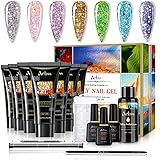 Poly Gel Nail Kit, Aubss 7 Colors Poly Nails Extension Gel Kit with 0.5Oz Glitter Poly Gel, Poly Nail Gel Kit Builder with Slip Solution, Nail Dual Form for Beginner All-in-One DIY Kit at Home