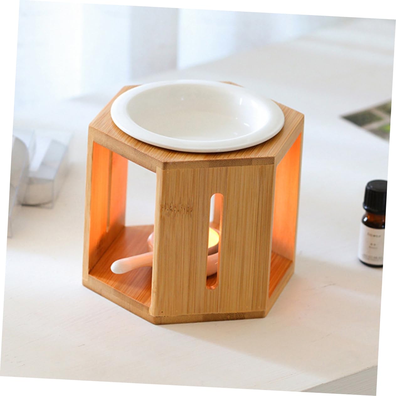 Rustikale Duftlampe aus Bambus und Keramik Teelicht Ölbrenner Braun für Aromatherapie Wohnzimmer und Schlafzimmer