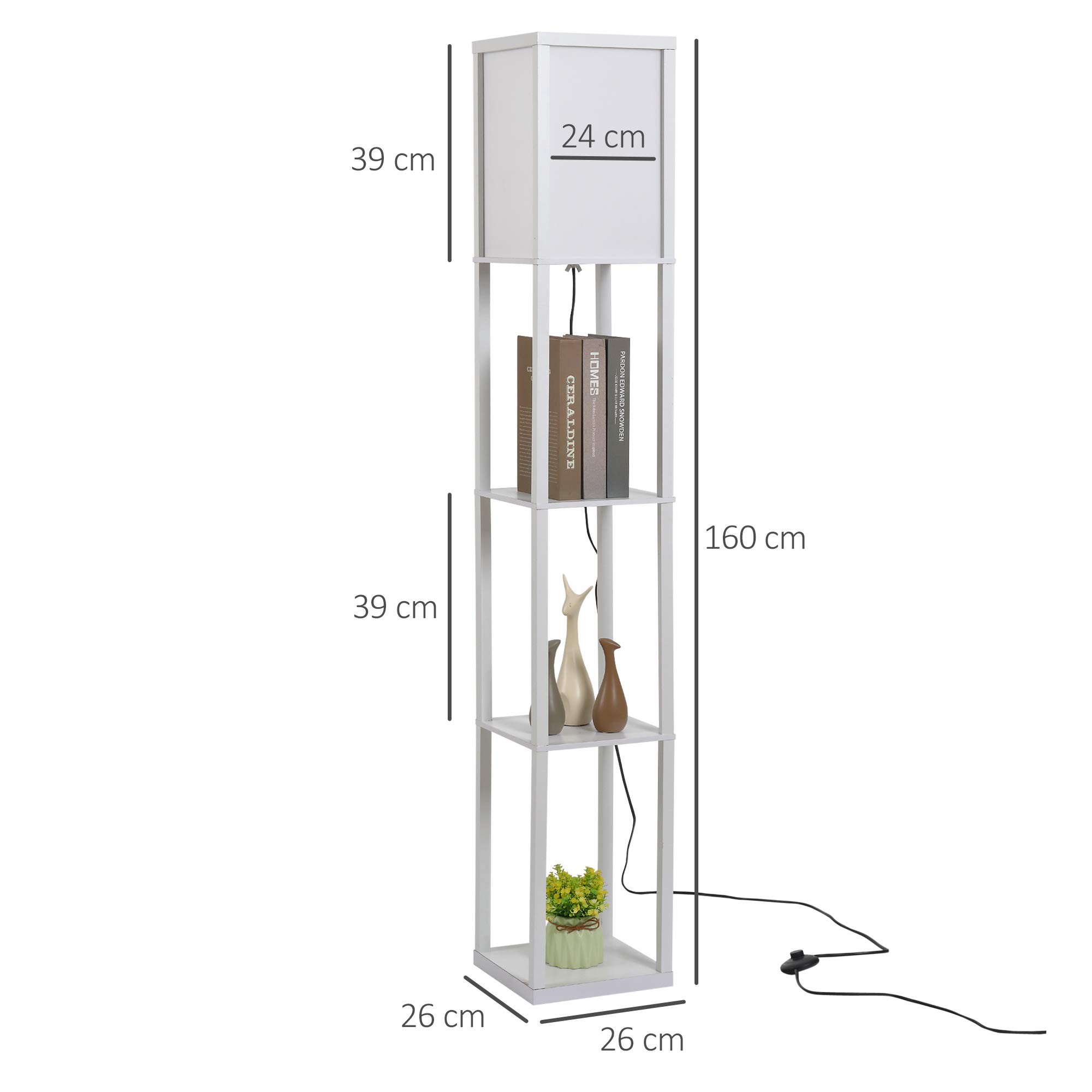 HOMCOM Lámpara de Pie con Estantes de Almacenaje, Lámpara de Madera Moderna, Bombilla E27, para Salón, Dormitorio, Oficina, Blanco