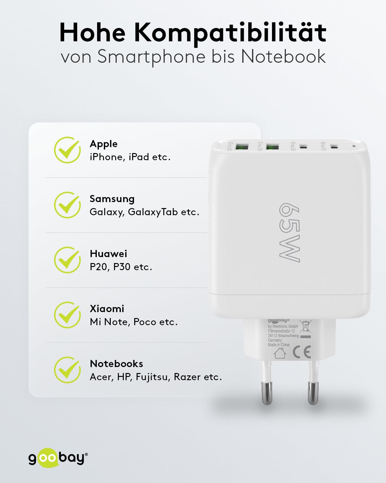 goobay 64818 USB-C PD 4-Fach Multiport Schnellladegerät (68W) / 2X USB-A 2X USB-C Eingang/Power Delivery/Netzteil für Ladekabel vom iPhone und Anderen Handys/Handy Ladegerät/weiß