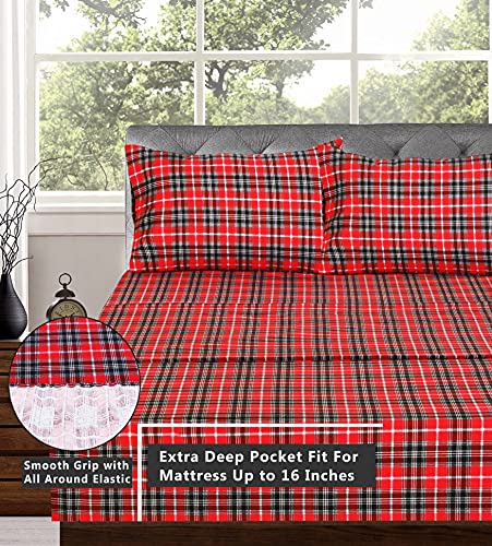 Ruvanti 100% Cotton 4 Pcs Flannel Sheets Full, Deep Pocket, Warm, Super Soft, Breathable, Moisture Wicking Full Size Sheet Sets, Bed Sheets Include Flat, Fitted Sheet,2 Pillowcase - Red Plaid #TOP2