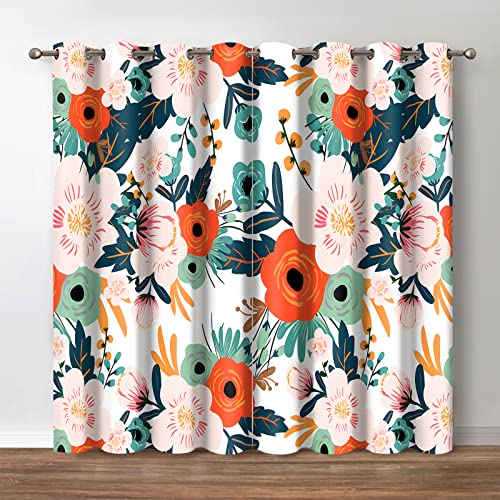 Jekeno Floral Blackout Curtains Spring Colorful Flower Green Leaves Decor Home Bedroom Living Room Darkening Grommet Window Drapes 2 Panel Set, 42"x84"