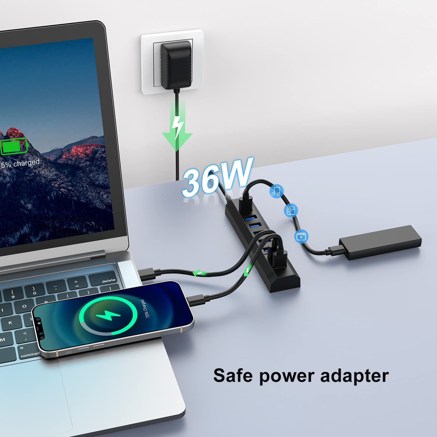 RAOYI Hub USB 3.0 alimentato, 8 porte ad alta velocità USB 3.0 Hub Splitter con adattatore di alimentazione da 36 W, cavo da 1 m e hub USB per caricabatterie rapido intelligente per laptop, PC, HDD