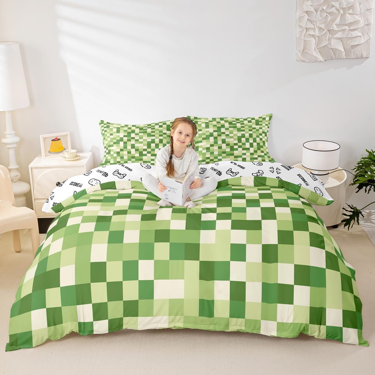 Manfei Green Pixelated Miners Duvet Cover Set Twin Size,Geometric Video Games Bedding Set 2pcs,Cartoon Grid Plaid Quilt Cover,Kids Boys Girls Room Decor,1 Pillowcase,No Comforter