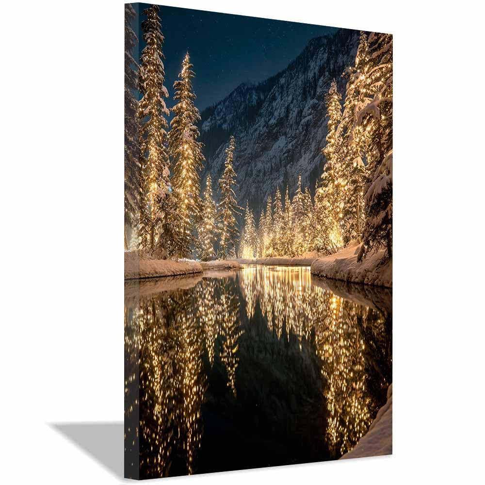 XENIOU landscape poster Christmas Lightses Lake modern canvas wall art, decorative paintings, canvas painting wall art for Home Decor.(Multicolor)-40x60cm Framed