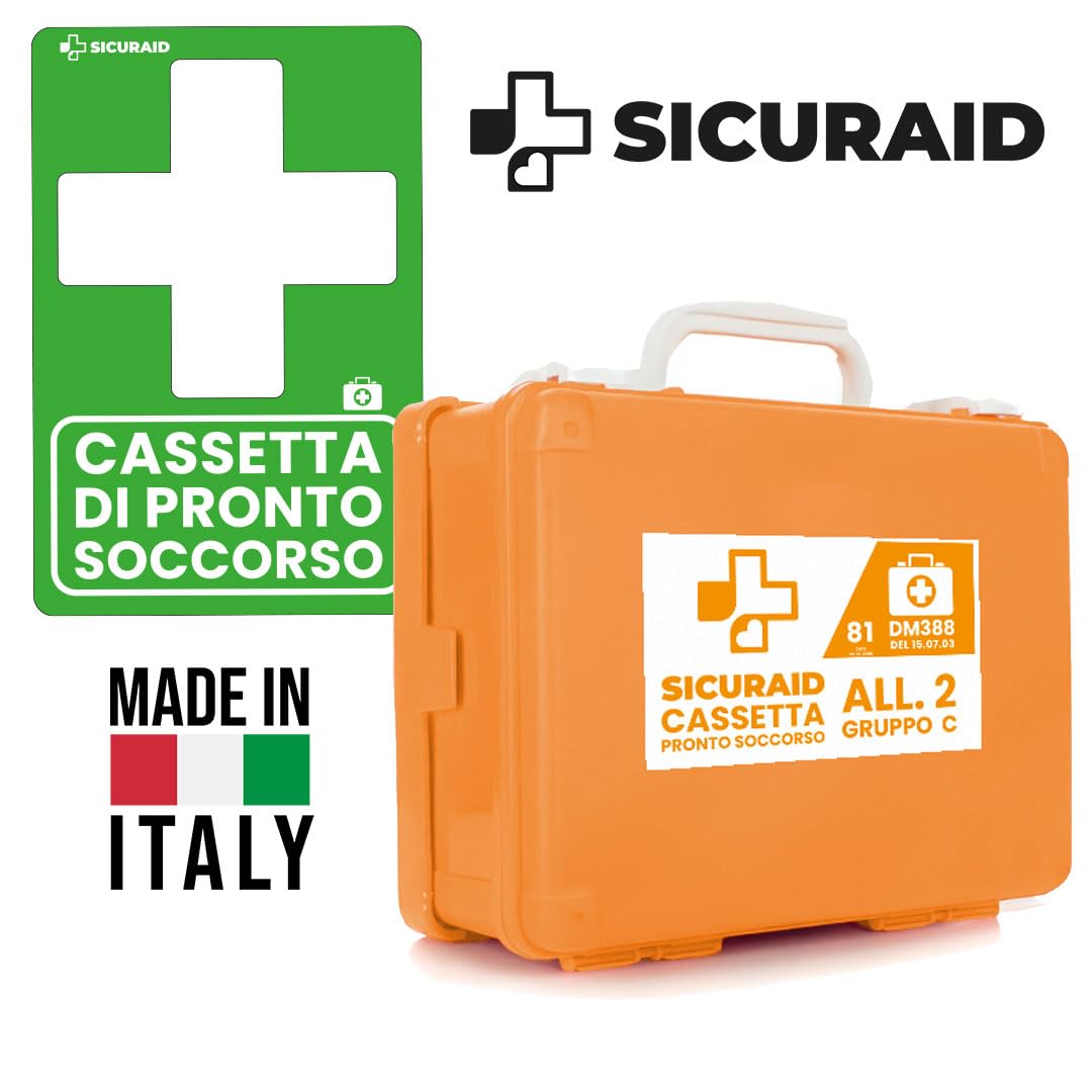 SICURAID Trousse de premiers secours, 2 compartiments, avec panneau d'avertissement – Trousse de premiers secours d'entreprise conforme au DM 388/2003, pour activités jusqu'à 2 services. Mallette