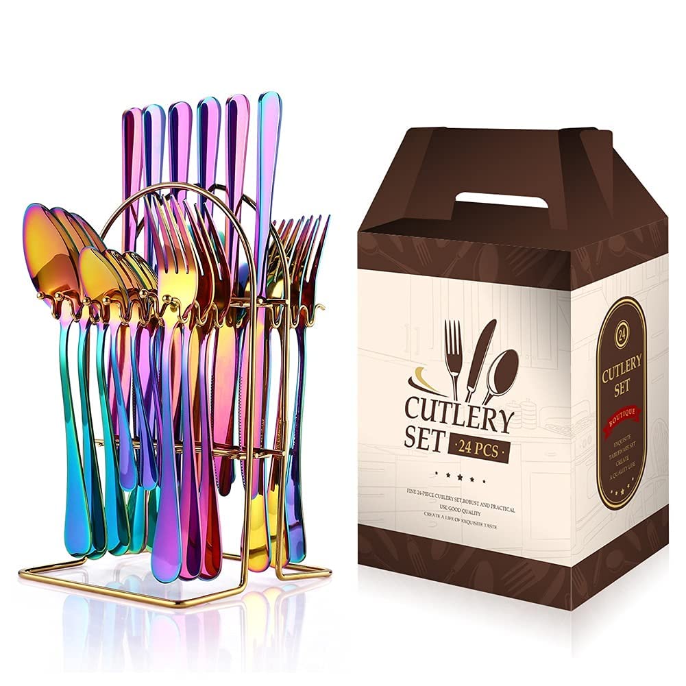 Générique Ménagère en Acier Inoxydable, 24 pièces, Coffret Cadeau, avec Couverts dorés, Fourchette, Couteau et cuillère (Couleur Or)