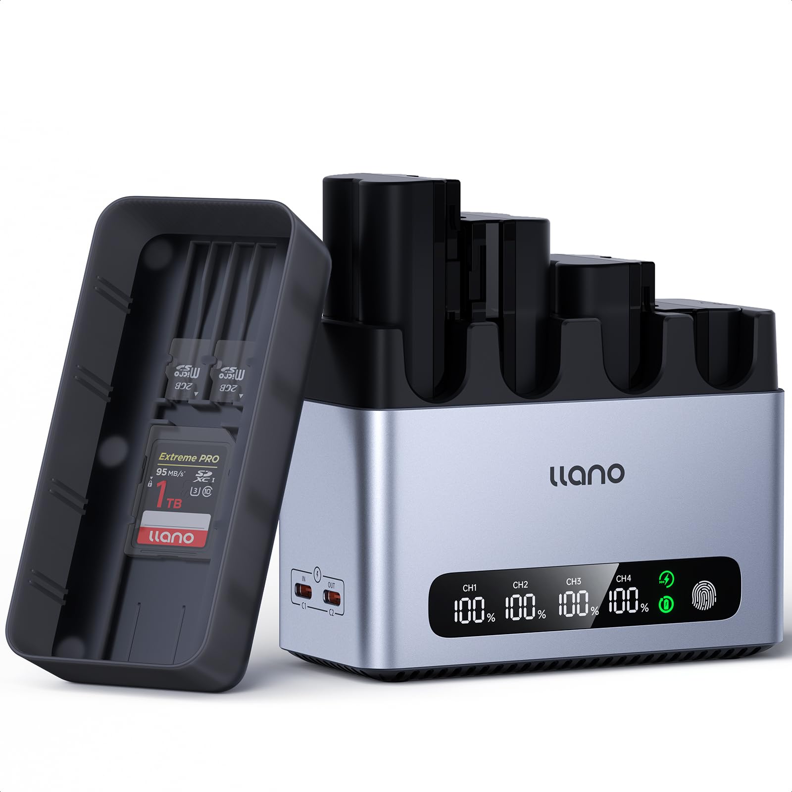 Photo 1 of llano 4-Pack NP-W235 Batteries and 65W 4-Slot Charger for Fujifilm XT-5, XT-4, X-S20, X-H2S, X-H2, GFX100S, GFX50S II, USB-C Fast Charging, LED Display, Heat Dissipation Durable CNC Aluminum