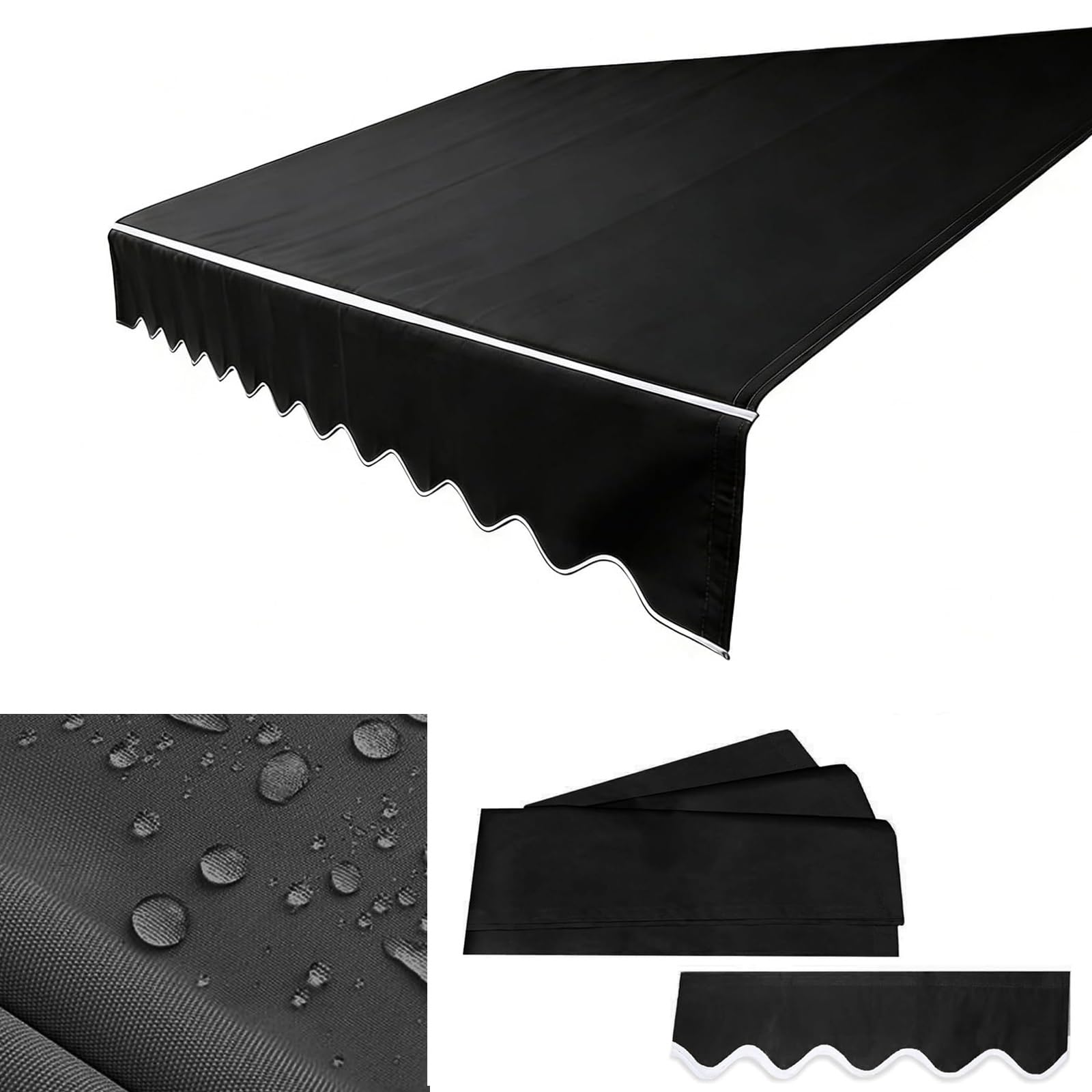 Awning Replacement Fabric with Front Valance, Retractable Patio Awning Replacement Fabric, Awning Sun Shade Top Cover Replacement Canvas for Backyard Garden Balcony(Black,6.5x3.5m(21.3x11.5ft))