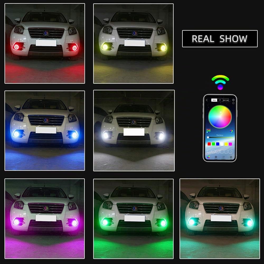 Anelli di luce multicolore RGB, LED Halo, COB 60SMD, controllo Bluetooth, per auto, Angel Eyes, luci diurne ad anello