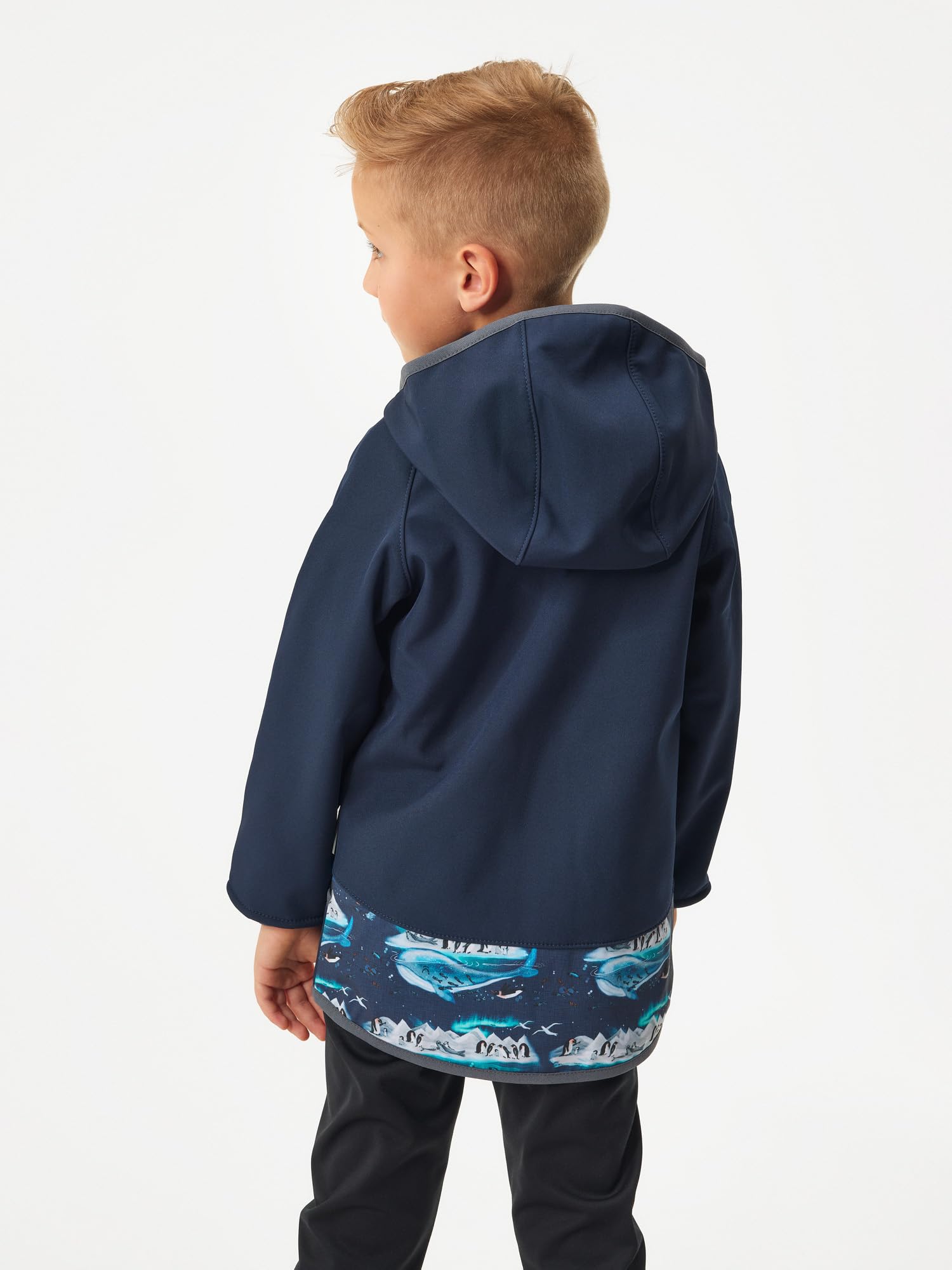 Dziecięca kurtka softshell z polaru Basic, ciemnoniebiesko-czarna, pingwiny, ciemnoniebieski czarny, 80-86