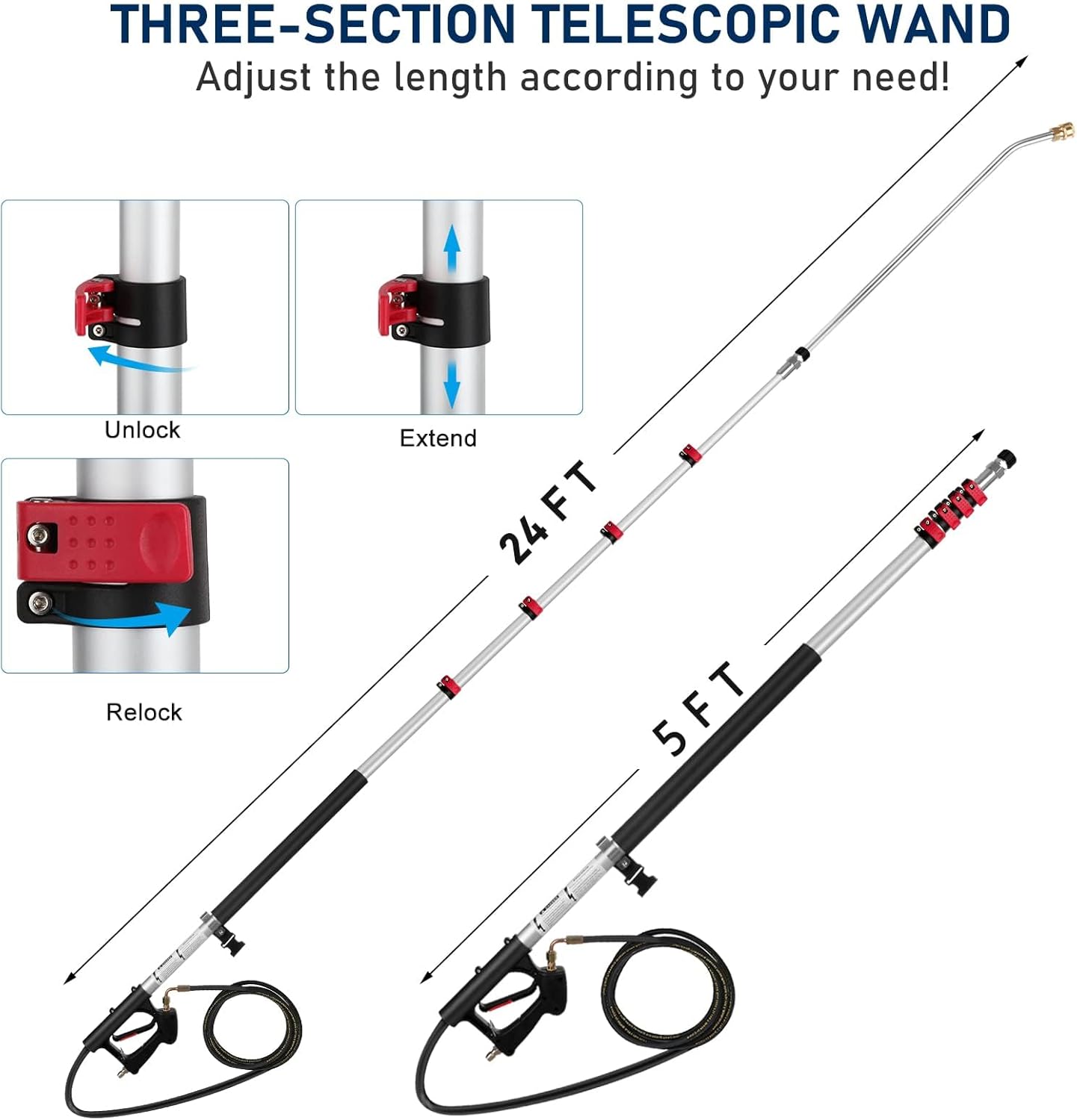 Pressure Washer Extension Wand 24 FT, Extension Pole for Pressure Washer with Gutter Extension, and 7 Spray Nozzle Tips for Roof Fence Window Washing Gutter Cleaner