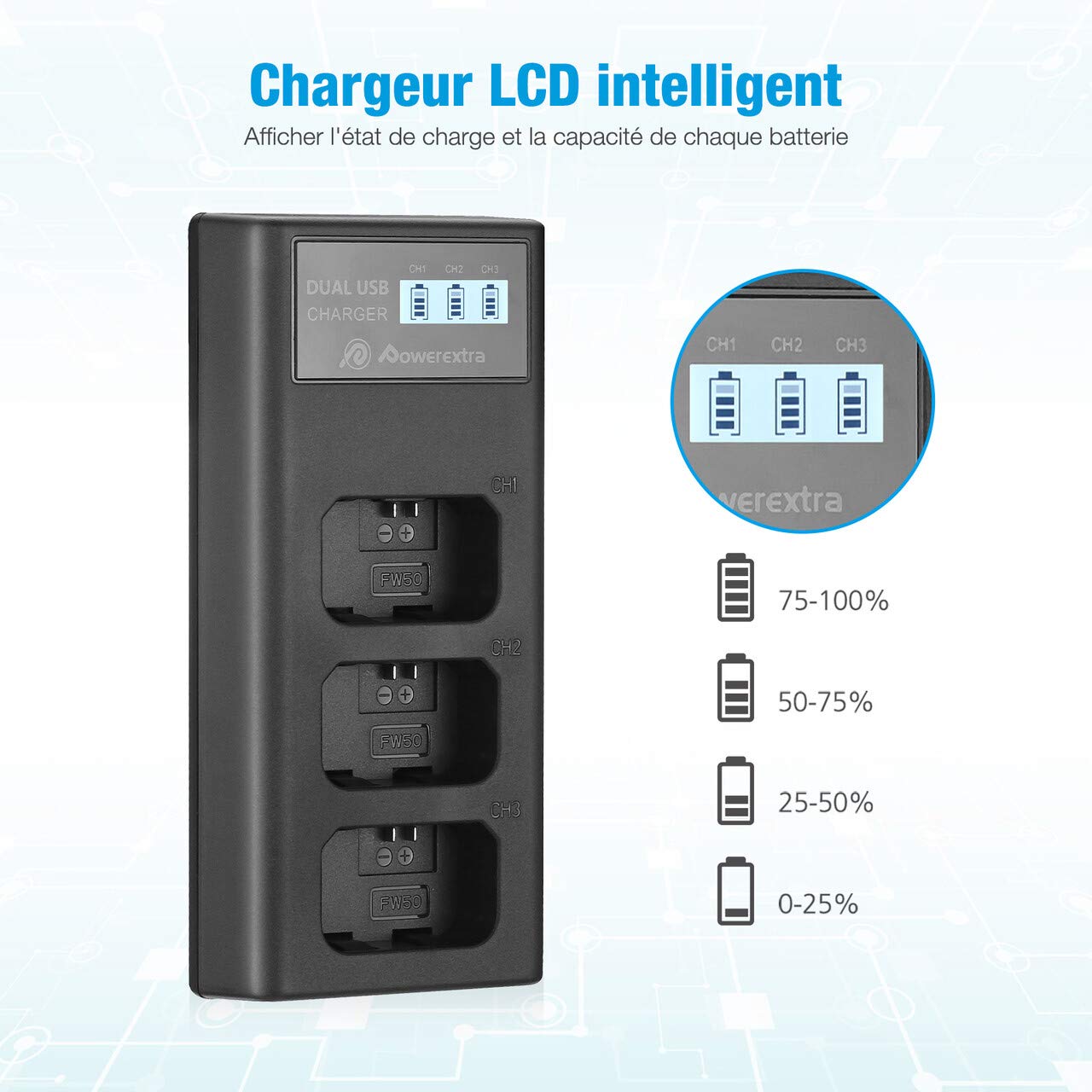 3 Batterie de Rechange 1500mAh et Chargeur LCD 3 Baies pour NP-FW50