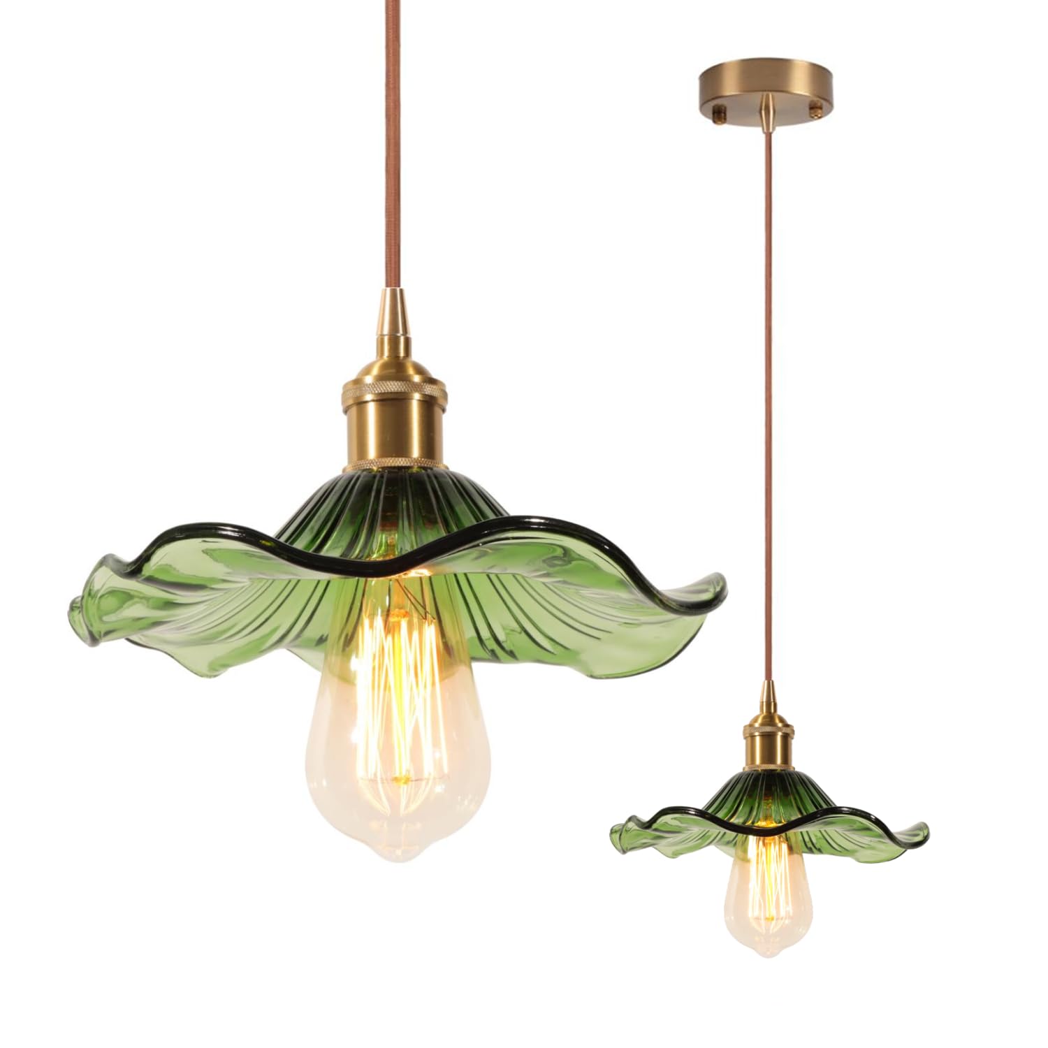 LIGINOK Set of 2 Industrial Glass Vintage Hanging Lamp E27 Chandelier with Lotus Shaped Lampshade Adjustable Height Ceiling Lights for Kitchen Dining Room Bedroom Bar (Green) — image 1