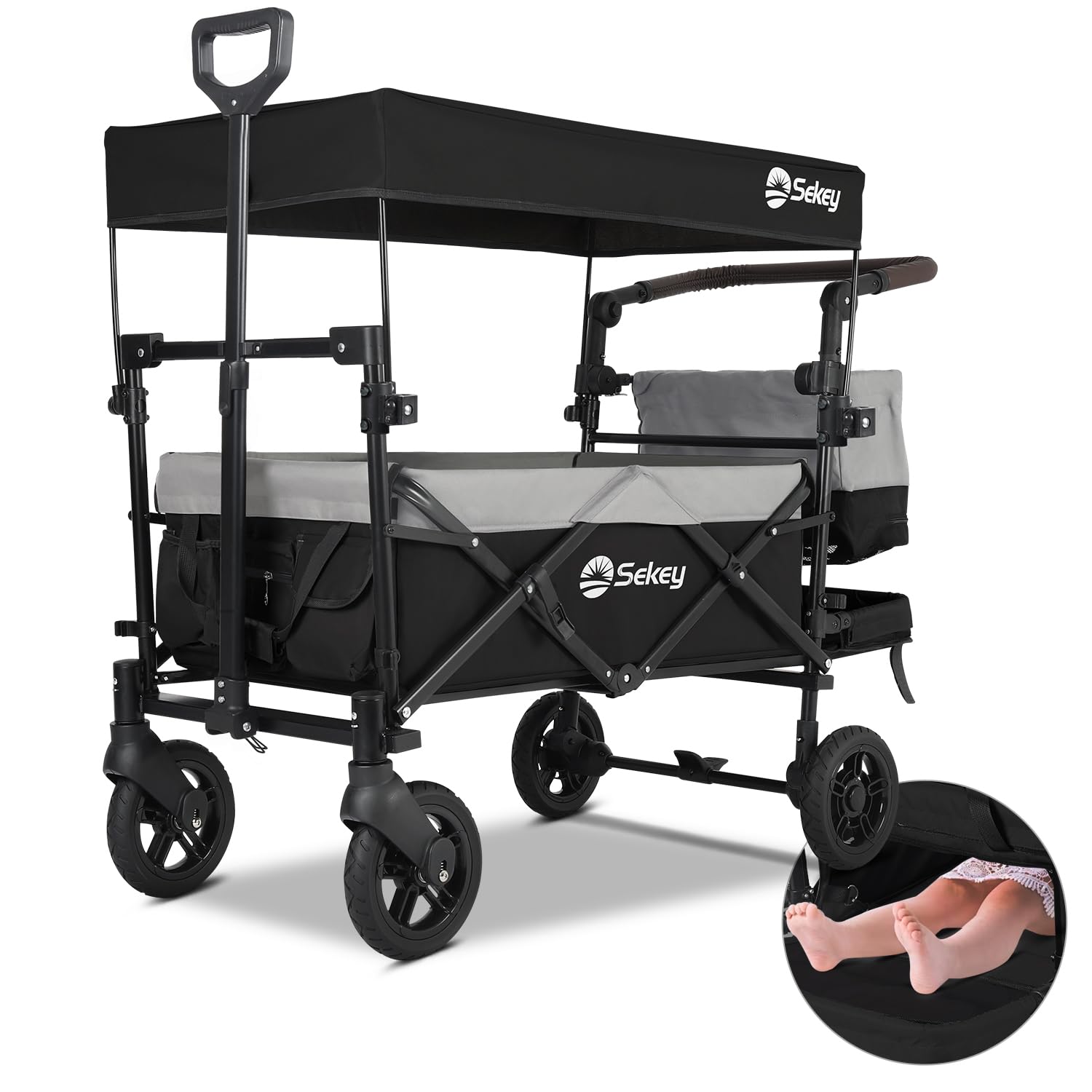 Sekey Faltbarer Bollerwagen Kinder mit 150KG Tragkraft, Handwagen Klappbar für Kinder mit Schiebegriff und Bremsen, TP5050, Schwarz mit Grau