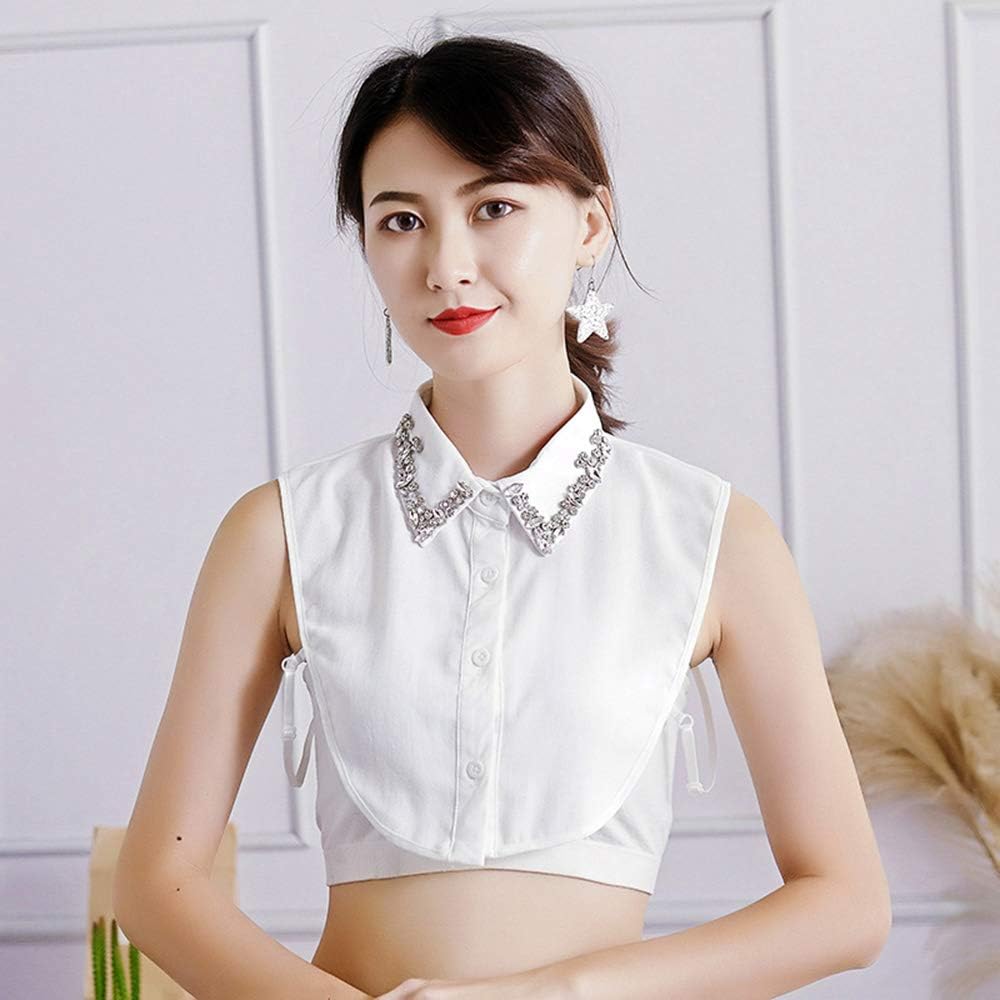 Stylish Detachable Rhinestone Fake Collar Half Shirt Blouse Chiffon False Collar White - Image 3