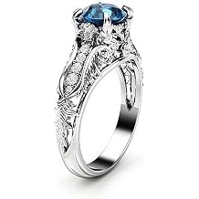 Vintage Blue Emerald Cut Zirconia Ring - 925 Sterling Silver CZ Engagement Ring for Women