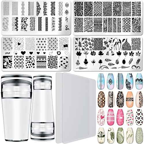 Nail Art Stamper + Scraper + Stamping Plate Kit, Includes 2 Different Nail Stampers(3 Size Stamping Heads), 2 Transparent Scraper, 4 Fashion Nail Art Pattern Templates, French Nails Decorations Tool