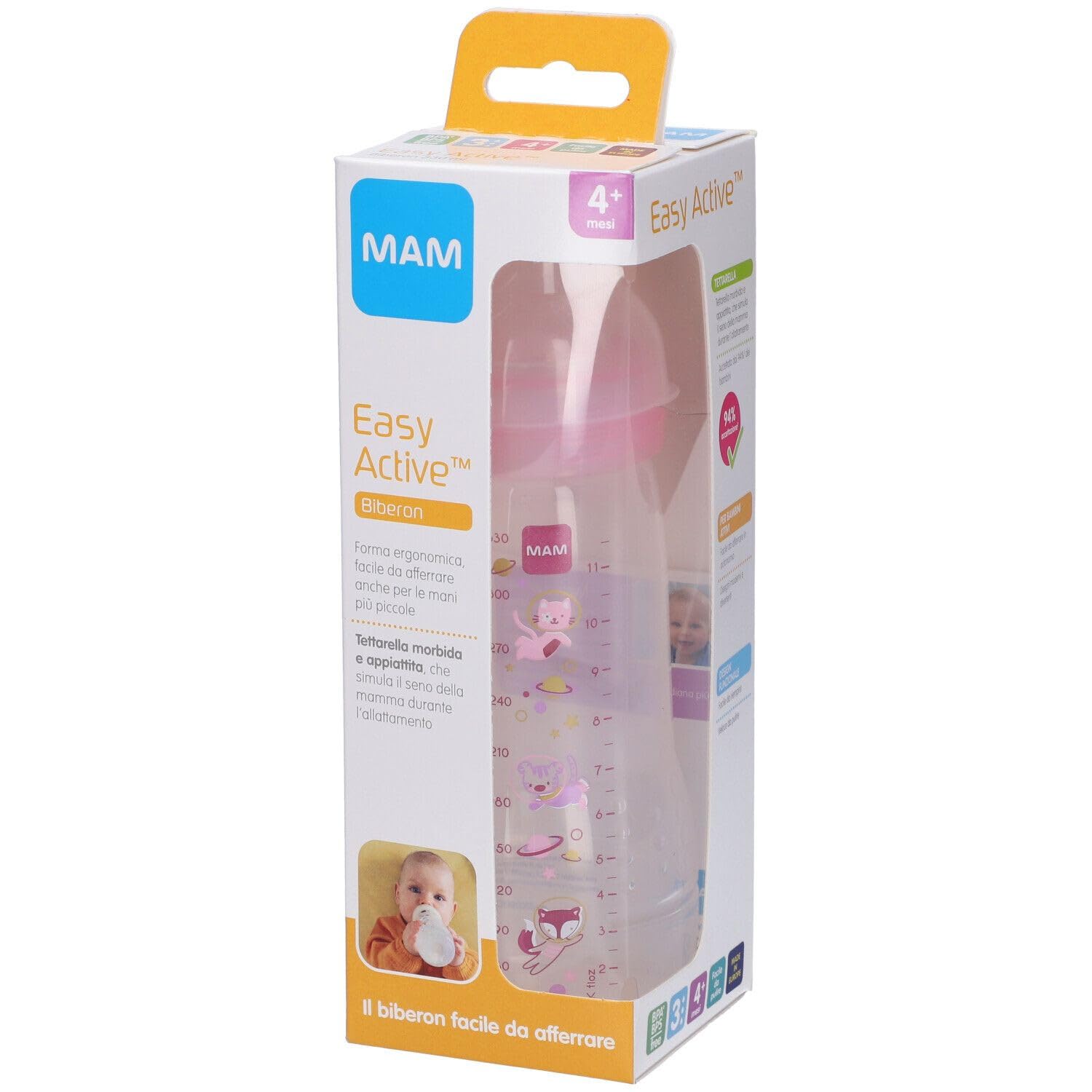 MAM Biberón Easy Active con Tetina tamaño 3 (Flujo Rápido) - A partir de los 4 meses - Capacidad 330 ml - Color rosa, Instrucciones en Lengua Extranjera