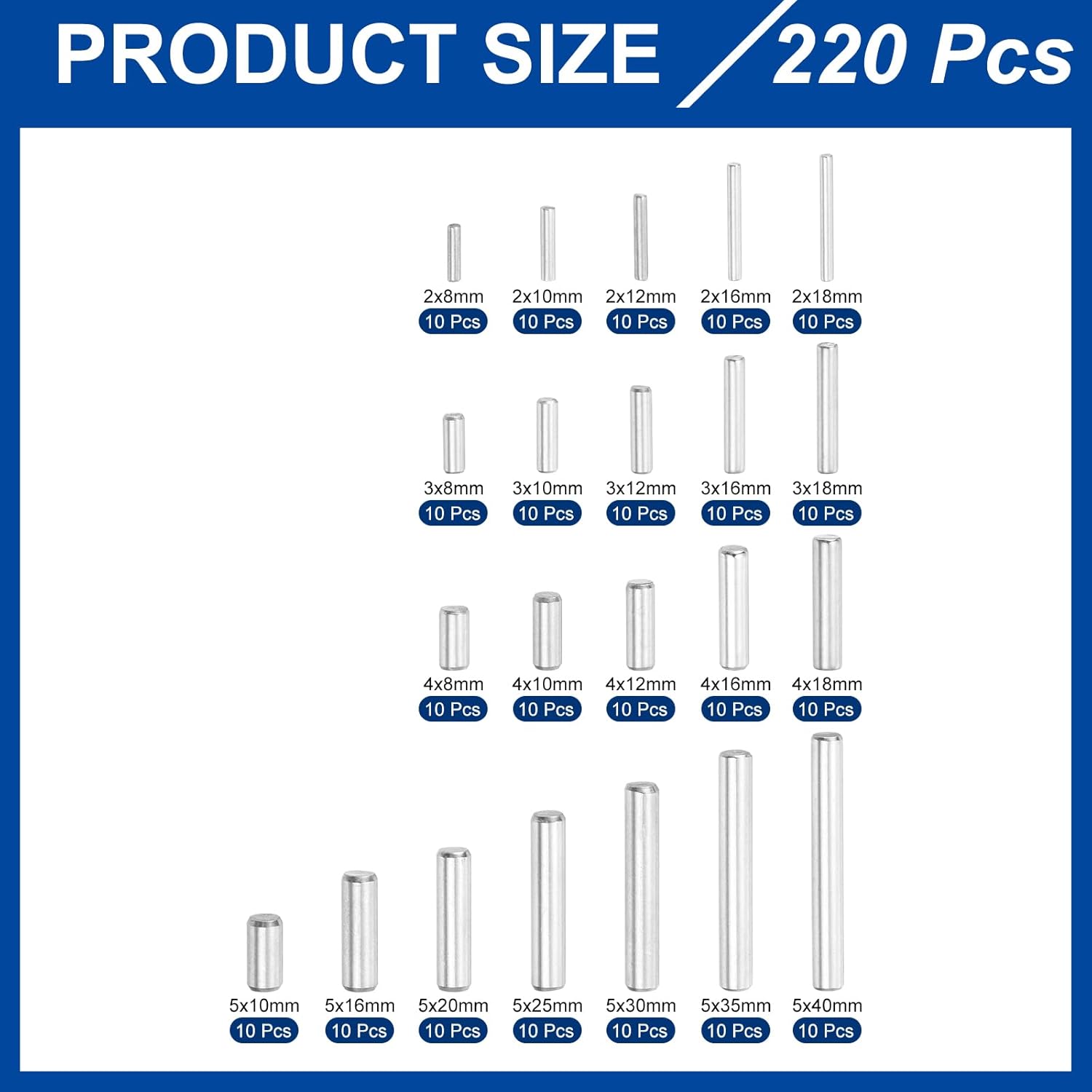 uxcell 220Pcs 1 Set of 22 Sizes Dowel Pins 304 Stainless Steel Support Shelves Pegs Fasten Elements Assortment Kit, Silver