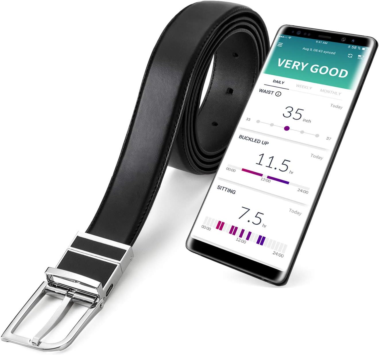 WELT Smart Belt, Compatible with iOS and Android, Adjustable Size Men's Leather Belt, Bluetooth 4.1, Smart Fitness Activity Tracker, Wearable for Healthcare, Waist Measurement, Step Counter (Black)