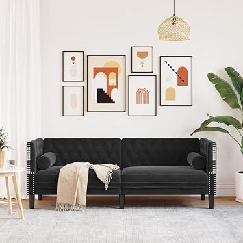 Chesterfield Sofa, 3-Seater Black Velvet Fabric Couch, Timeless Deep Button Tufting Design, Elegant Rolled Arms for Living Room