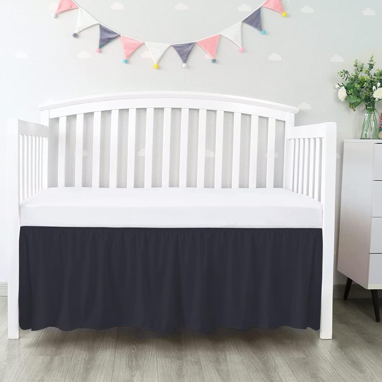 100% Egyptian Cotton, Nursery Crib Toddler (28" x 52" + 14") 800 Thread Count Crib Skirt Dust Ruffle, Bedding Skirts for Baby Boys or Girls, 14" Drop, Black Solid