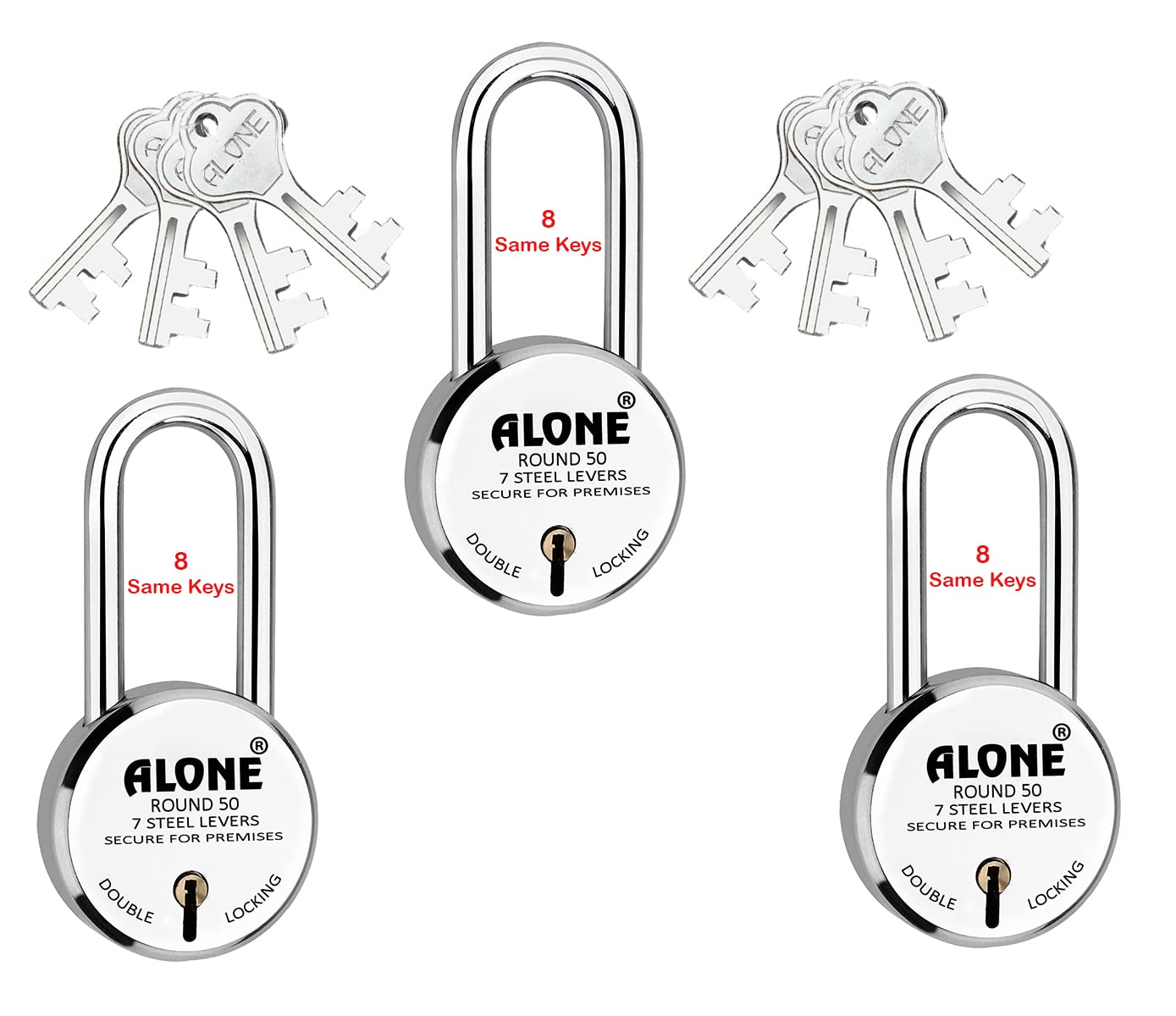 Alone Round Padlock Small Size 50 mm 3 Padlocks 8 Same Keys Long Shackle Double Locking | Padlocks for Home Door Grill gate Shop Shutter, Chrome Finish Rust Free (Pack 3)-image-22