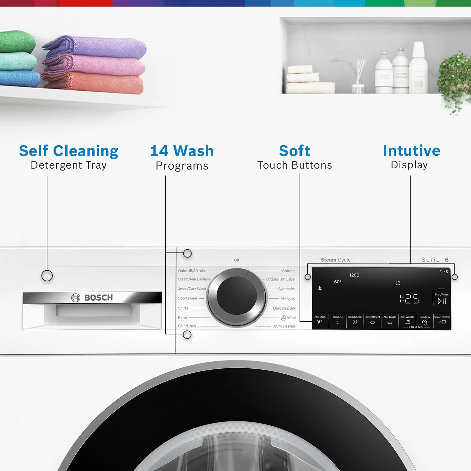 Bosch 9kg 5 Star Anti Stain & AI Active Water+ Fully Automatic Front Load Washing Machine (WGA14200IN, Pretreatment & Steam with Anti Bacteria, In-built Heater, White) 21 61e05DFT FL. SL1500