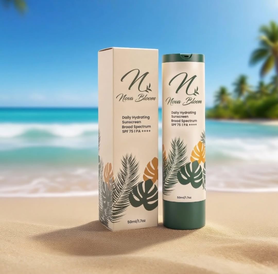 Nova Bloom Daily Hydrating Sunscreen Cream, Broad Spectrum SPF 75, PA++++, Lightweight, Non-Greasy Formula Crafted with Vitamins B3, C and E 50ml/1.7oz