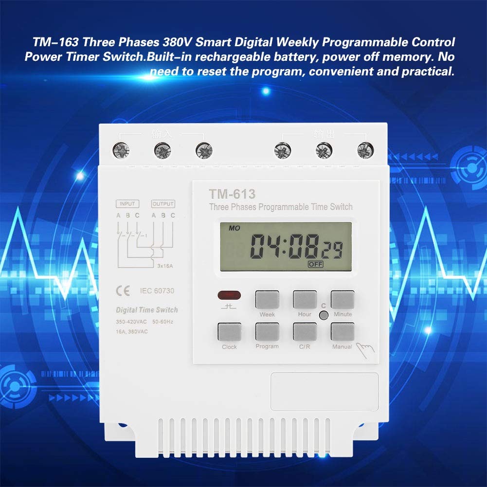 Nikou Interruptor Temporizador - Interruptor Temporizador Relé de Tiempo TM-163 Tres Fases Tiempo Digital Inteligente Relé semanal Control programable Potencia 380V / 50-60Hz 16A