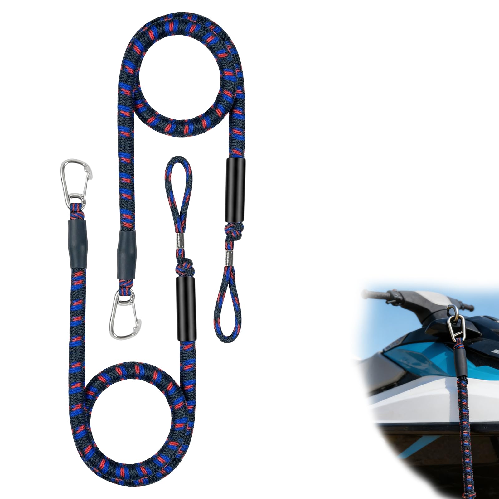2 pezzi di cima da ormeggio Bungee Dock, 1,2–1,68 m, con moschettone in acciaio inossidabile 316, doppiamente intrecciata, per kayak, barche, marine, ponti galleggianti, veicoli acquatici