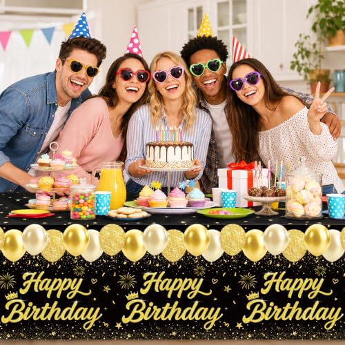 Image of 4 Pack Black and Gold Happy Birthday Tablecloths, 54 x 108 Inch Covers | Black and Gold Birthday Party Decorations for Men, Women and Teens, Ideal for Cake, Dessert, Gift and Buffet Tables