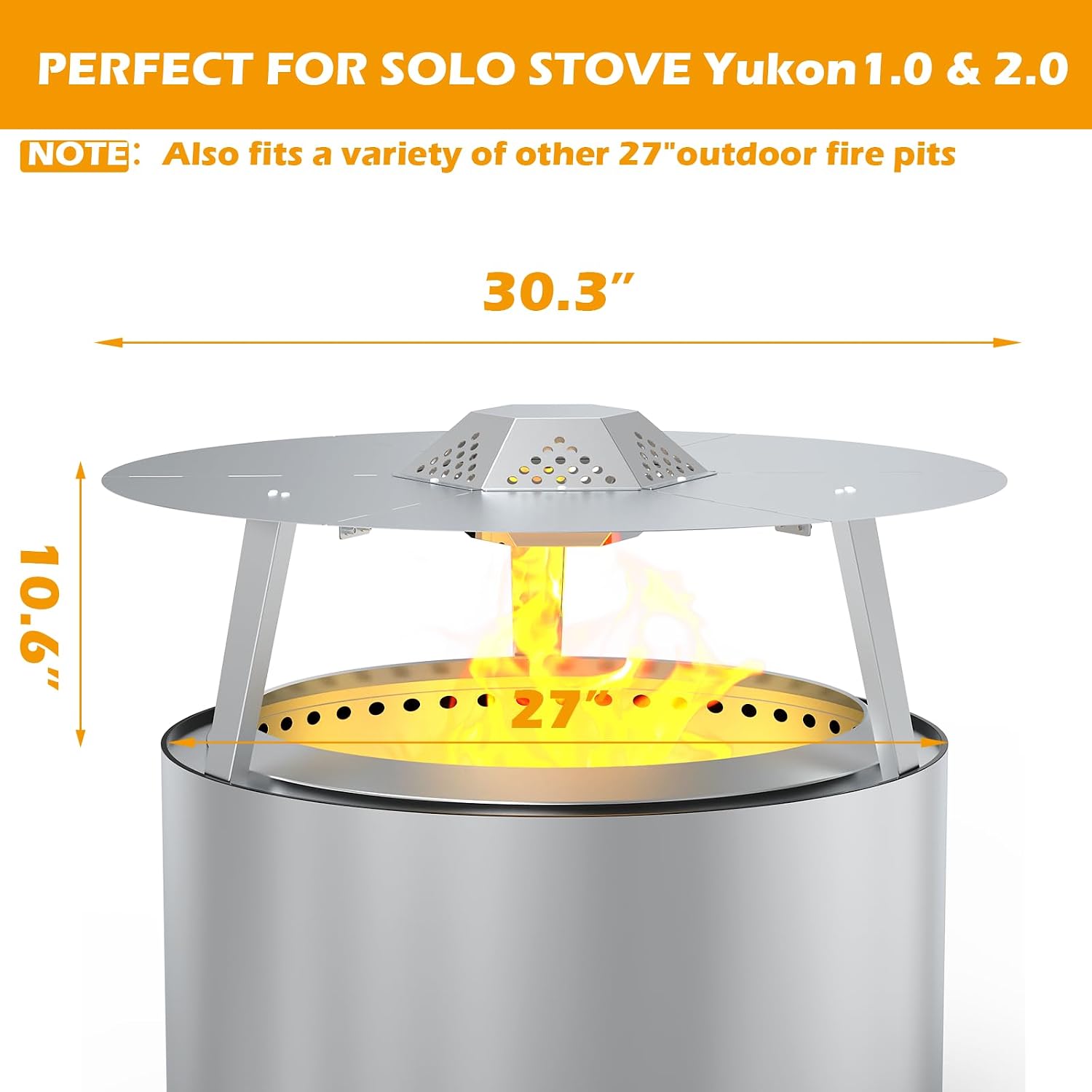 Heat Deflector for Solo Stove Yukon 27" Accessories 304 Stainless Steel Heat Diffuser for Firepit Captures and Redirects Warmth with Handle and Legs for Outdoor