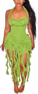 Womens Sexy Halter Neck Sleeveless Ruffle Tassel Party Club Bodycon Mini Dress